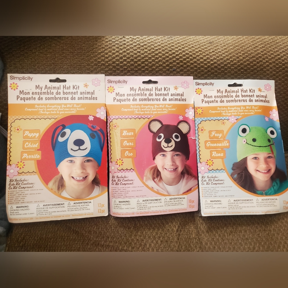 Simplicity Kid's Animal Hat Kit Trio - Blue Puppy, Brown Bear, And Green Frog